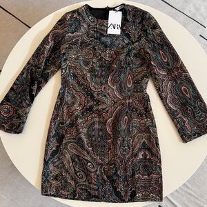Zara Long Sleeve Velvety Paisley Mini Dress
